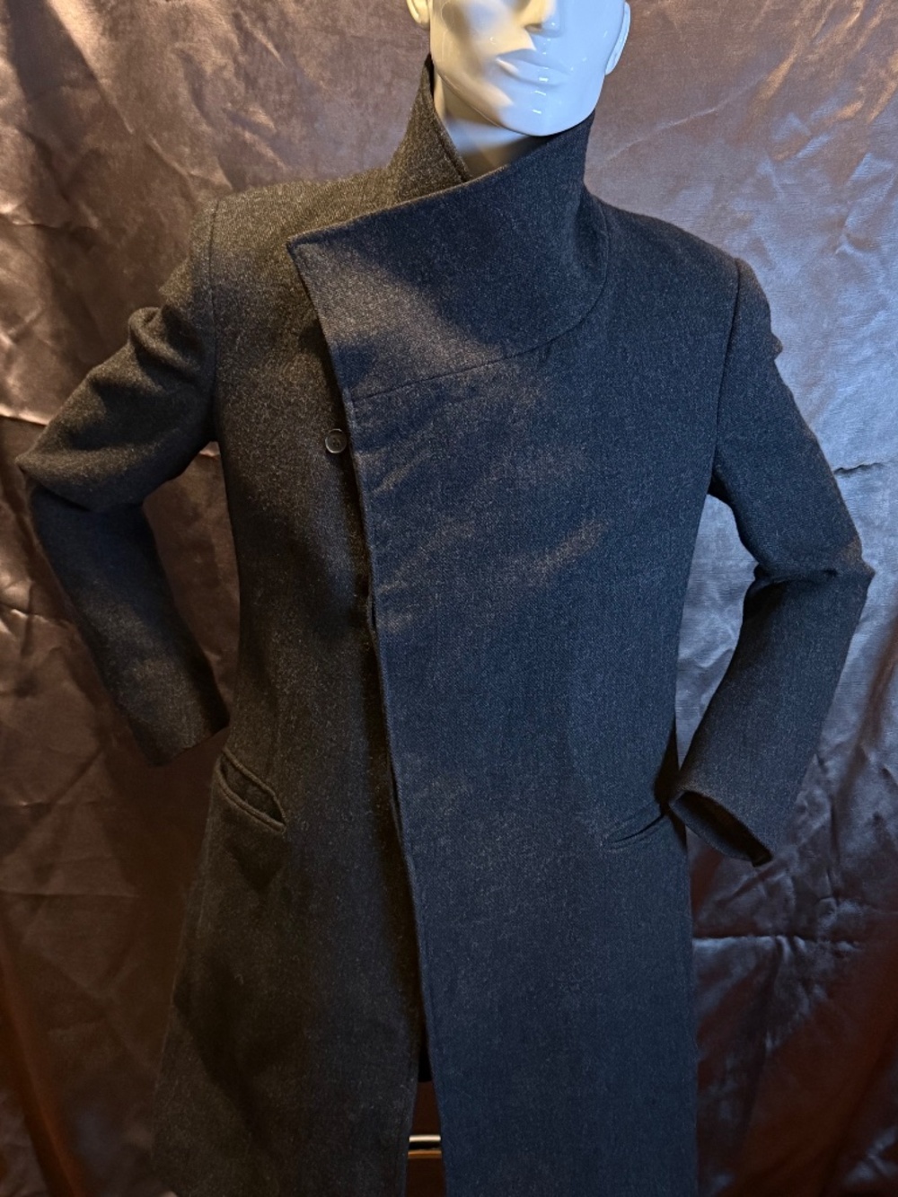 All Saints Bale Black Wool Asymmetrical Button Down Funnel Neck Modern Coat - Picture 3 of 4